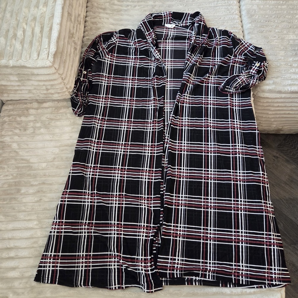 Siren Lily Women Cardigan 3X Transparent Plaid Open Front Long Roll Sleeve Tunic